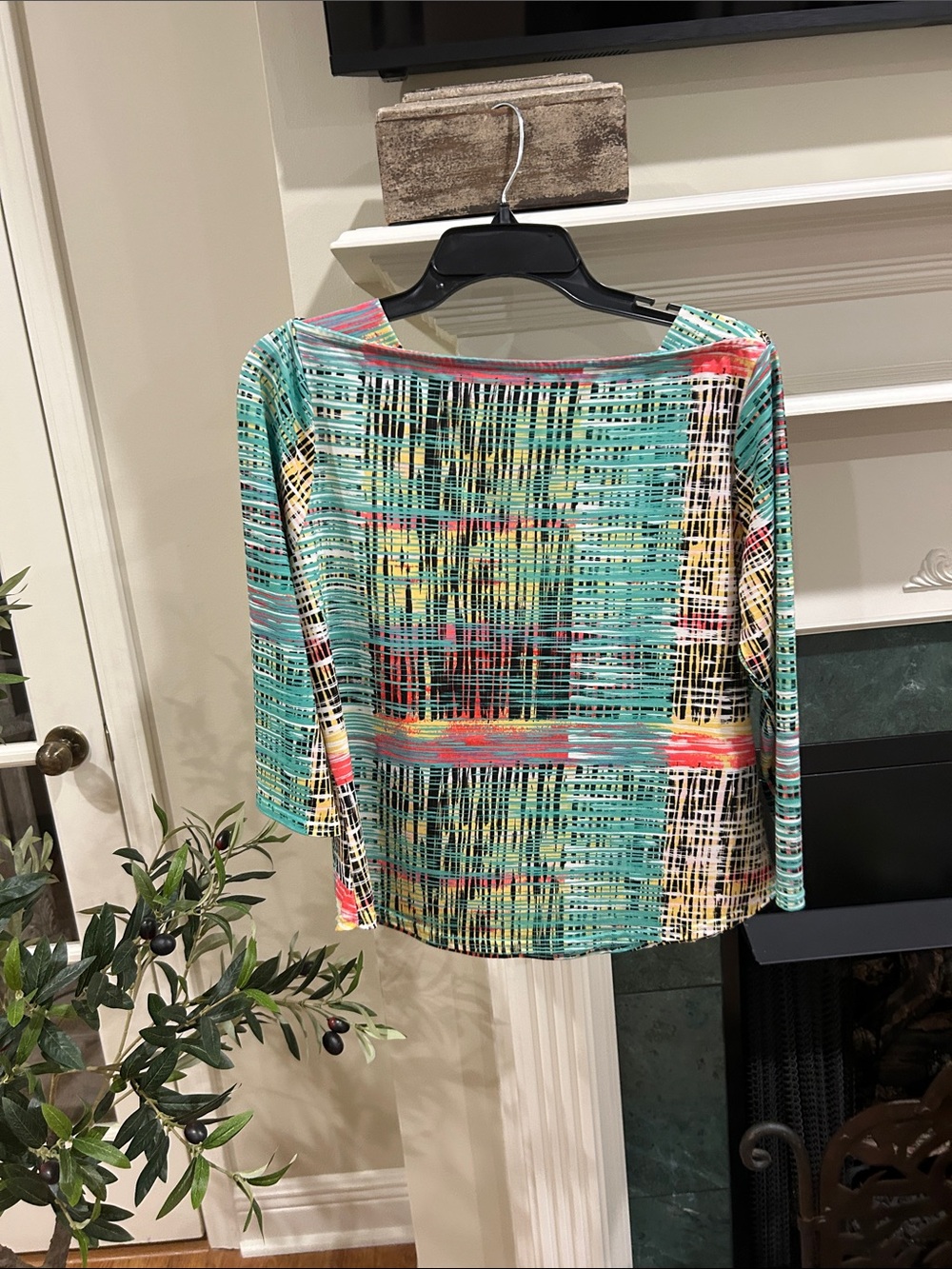 Women’s Multicolor Teal Abstract Boatneck Long Sleeve Top